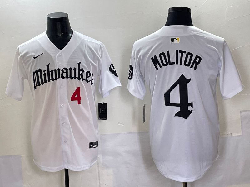 Men 2025 Milwaukee Brewers #4 Molitor White Five generations Joint Name Nike MLB Jersey style 5